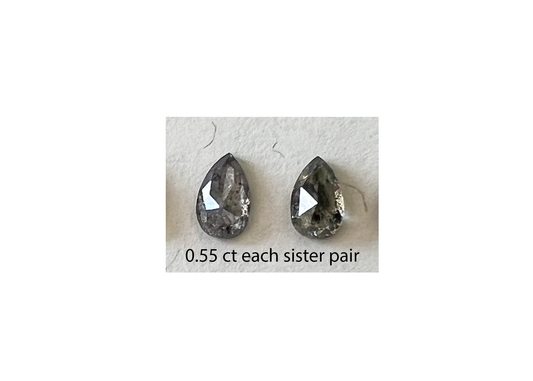 Salt & Pepper Rose Cut Pear Diamond Flat Back Stud Pair — Matched — Made to Order