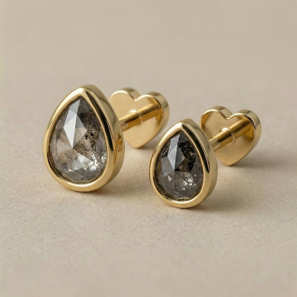 Salt & Pepper Rose Cut Pear Diamond Flat Back Stud — Single — Made to Order