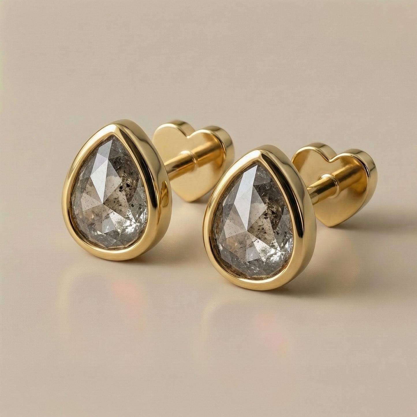 Salt & Pepper Rose Cut Pear Diamond Flat Back Stud Pair — Matched — Made to Order