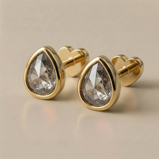 Salt & Pepper Rose Cut Pear Diamond Flat Back Stud Pair — Matched — Made to Order